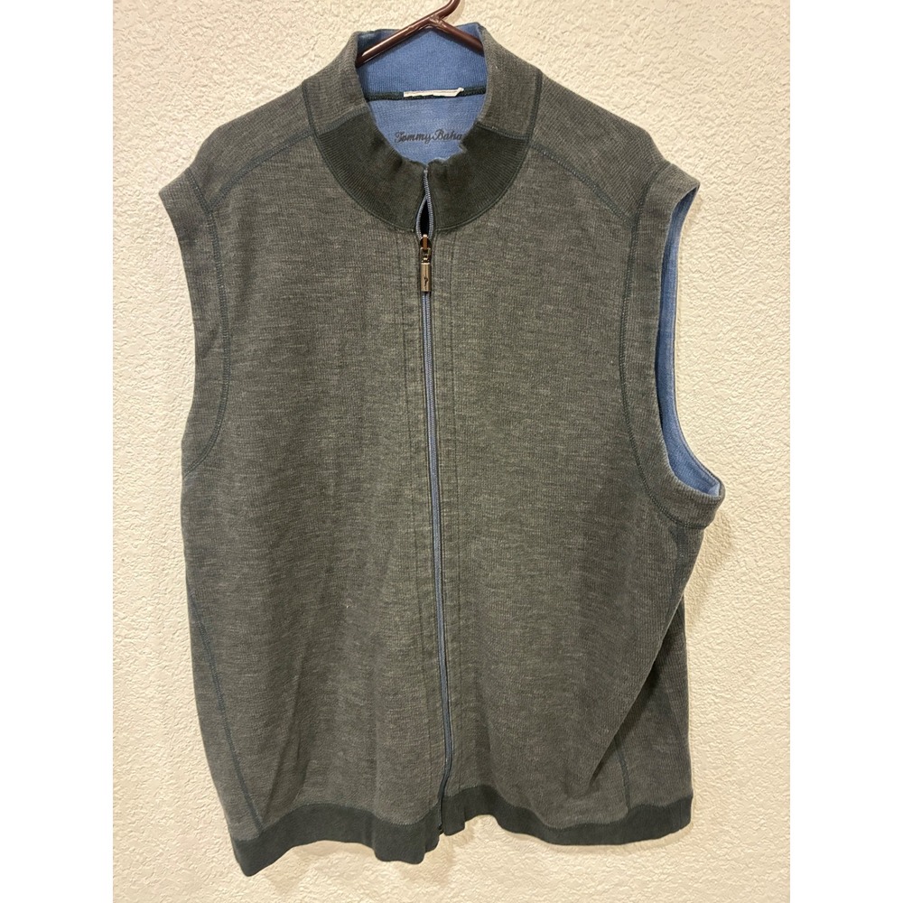 Tommy Bahama Mens 2XL Gray Full Zip Cotton Tencel Blend Marlin Logo Vest